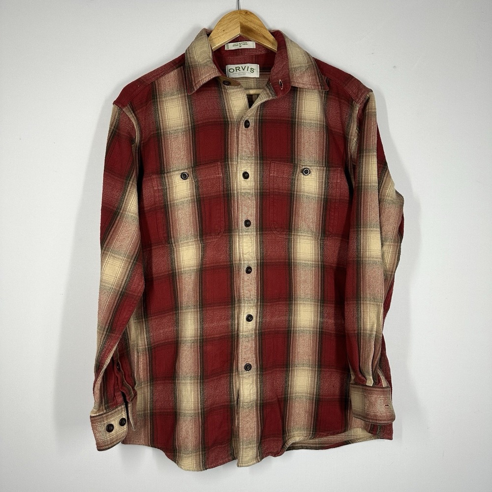 Orvis Shirt Mens Medium Red Brown Plaid Tartan Flannel Shacket Heavyweight